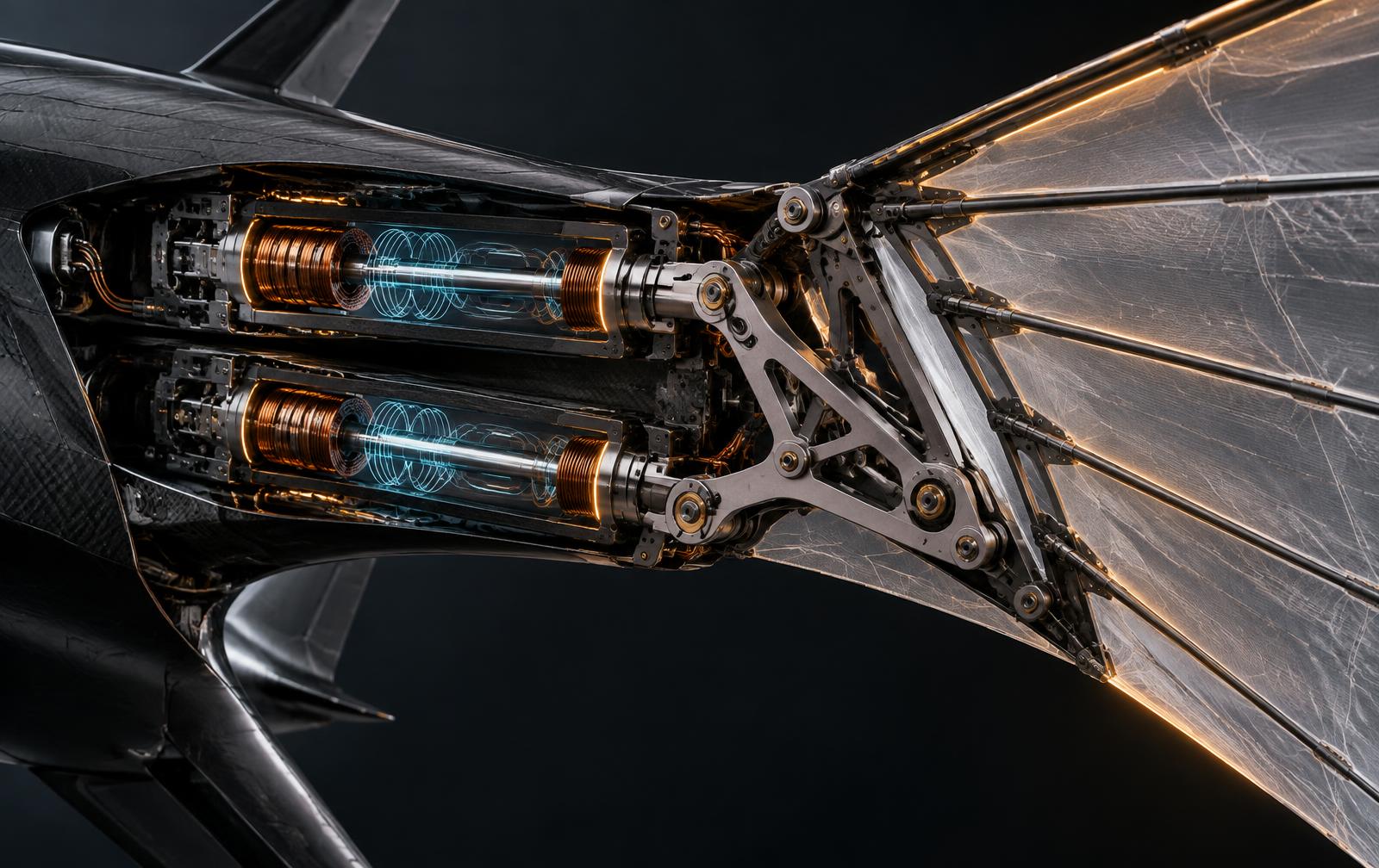 Concept cutaway of electromagnetic coils and mechanical linkages spreading the Sky Serpent wing